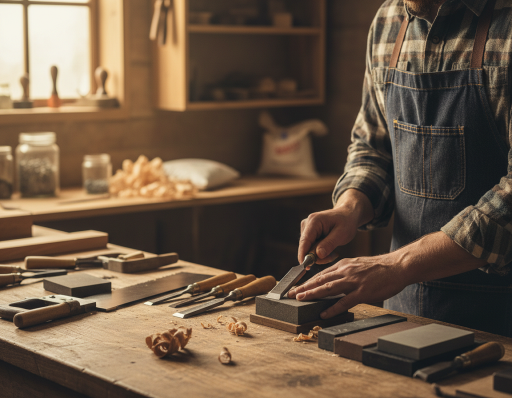 Sharpening carpentry tools with whetstones