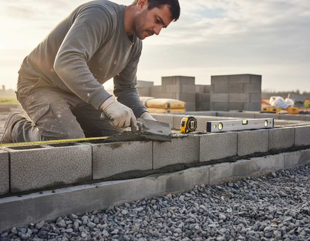 laying the first course of concrete blocks